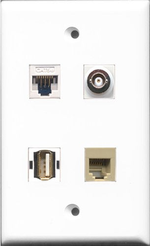 RiteAV - 1 Port USB A-A and 1 Port Phone RJ11 RJ12 Beige and 1 Port BNC and 1 Port Cat5e Ethernet White Wall Plate