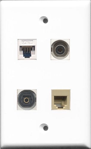 RiteAV - 1 Port Phone RJ11 RJ12 Beige and 1 Port Toslink and 1 Port 3.5mm and 1 Port Cat5e Ethernet White Wall Plate