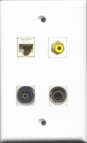 RiteAV 1 Port RCA Yellow and 1 Port Toslink and 1 Port 3.5mm and 1 Port Cat6 Ethernet White Wall Plate