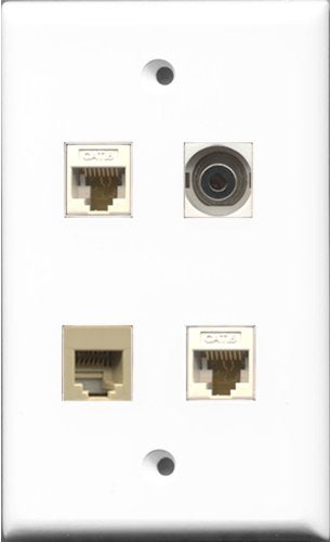 RiteAV 1 Port Phone RJ11 RJ12 Beige and 1 Port 3.5mm 2 Port Cat6 Ethernet White Wall Plate