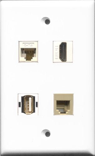 RiteAV 1 Port HDMI and 1 Port USB A-A and 1 Port Phone RJ11 RJ12 Beige and 1 Port Cat6 Ethernet White Wall Plate