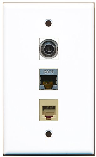 RiteAV - 1 Port Phone RJ11 RJ12 Beige and 1 Port Shielded Cat6 Ethernet and 1 Port 3.5mm Wall Plate