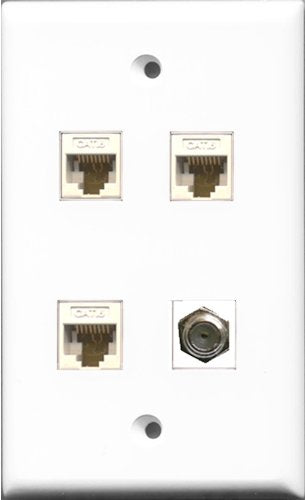 RiteAV 1 Port Coax Cable TV- F-Type 3 Port Cat6 Ethernet Wall Plate - White