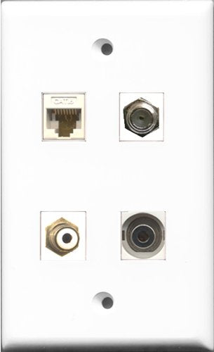 RiteAV 1 Port RCA White and 1 Port Coax Cable TV- F-Type and 1 Port 3.5mm and 1 Port Cat6 Ethernet White Wall Plate