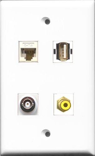 RiteAV 1 Port RCA Yellow and 1 Port USB A-A and 1 Port BNC and 1 Port Cat6 Ethernet White Wall Plate
