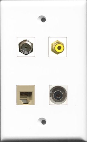 RiteAV 1 Port RCA Yellow and 1 Port Coax Cable TV- F-Type and 1 Port Phone RJ11 RJ12 Beige and 1 Port 3.5mm Wall Plate
