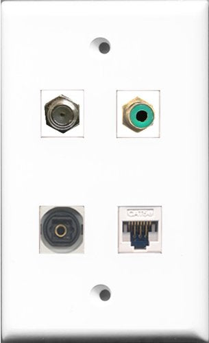 RiteAV 1 Port RCA Green and 1 Port Coax Cable TV- F-Type and 1 Port Toslink and 1 Port Cat5e Ethernet White Wall Plate