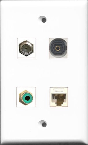 RiteAV 1 Port RCA Green and 1 Port Coax Cable TV- F-Type and 1 Port Toslink and 1 Port Cat6 Ethernet White Wall Plate