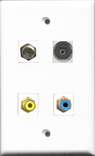 RiteAV 1 Port RCA Yellow and 1 Port RCA Blue and 1 Port Coax Cable TV- F-Type and 1 Port Toslink Wall Plate