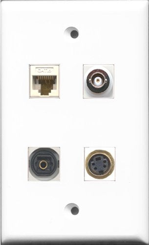 RiteAV 1 Port S-Video and 1 Port Toslink and 1 Port BNC and 1 Port Cat6 Ethernet White Wall Plate