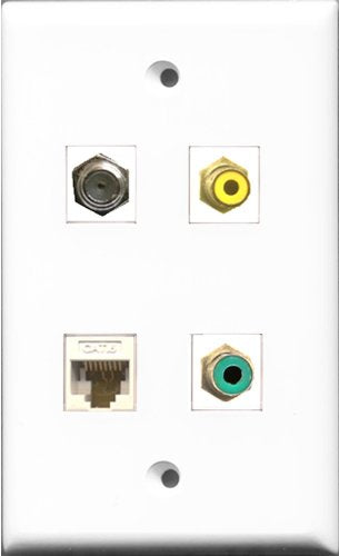 RiteAV 1 Port RCA Yellow and 1 Port RCA Green and 1 Port Coax Cable TV- F-Type and 1 Port Cat6 Ethernet White Wall Plate