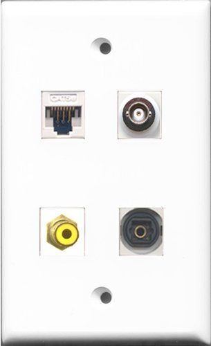 RiteAV - 1 Port RCA Yellow and 1 Port Toslink and 1 Port BNC and 1 Port Cat5e Ethernet White Wall Plate