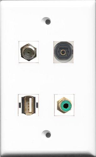 RiteAV 1 Port RCA Green and 1 Port Coax Cable TV- F-Type and 1 Port USB A-A and 1 Port Toslink Wall Plate