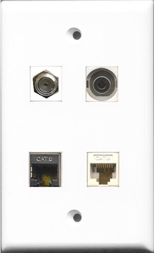 RiteAV 1 Port Coax Cable TV- F-Type and 1 Port Shielded Cat6 Ethernet and 1 Port 3.5mm and 1 Port Cat6 Ethernet White Wall Plate