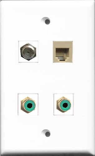 RiteAV - 2 Port RCA Green and 1 Port Coax Cable TV- F-Type and 1 Port Phone RJ11 RJ12 Beige Wall Plate