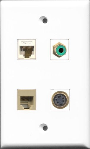 RiteAV 1 Port RCA Green and 1 Port Phone RJ11 RJ12 Beige and 1 Port S-Video and 1 Port Cat6 Ethernet White Wall Plate