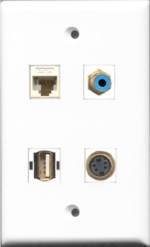 RiteAV 1 Port RCA Blue and 1 Port USB A-A and 1 Port S-Video and 1 Port Cat6 Ethernet White Wall Plate