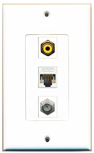 RiteAV - 1 Port RCA Yellow and 1 Port Coax Cable TV- F-Type and 1 Port Cat5e Ethernet White Decorative Wall Plate