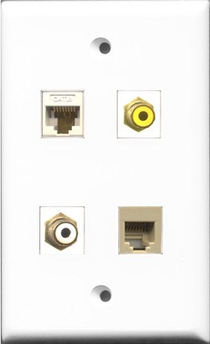 RiteAV 1 Port RCA White and 1 Port RCA Yellow and 1 Port Phone RJ11 RJ12 Beige and 1 Port Cat6 Ethernet White Wall Plate