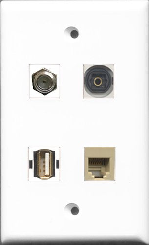 RiteAV 1 Port Coax Cable TV- F-Type and 1 Port USB A-A and 1 Port Phone RJ11 RJ12 Beige and 1 Port Toslink Wall Plate