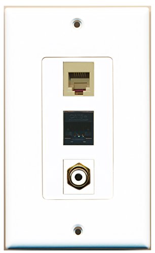 RiteAV - 1 Port RCA White and 1 Port Phone RJ11 RJ12 Beige and 1 Port Cat5e Ethernet Black Wall Plate Decorative