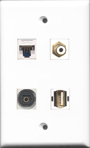 RiteAV 1 Port RCA White and 1 Port USB A-A and 1 Port Toslink and 1 Port Cat5e Ethernet White Wall Plate