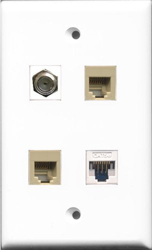 RiteAV 1 Port Coax Cable TV- F-Type 2 Port Phone RJ11 RJ12 Beige and 1 Port Cat5e Ethernet White Wall Plate