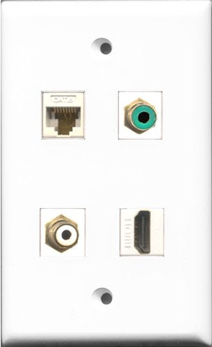 RiteAV 1 Port HDMI and 1 Port RCA White and 1 Port RCA Green and 1 Port Cat6 Ethernet White Wall Plate