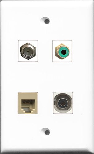 RiteAV 1 Port RCA Green and 1 Port Coax Cable TV- F-Type and 1 Port Phone RJ11 RJ12 Beige and 1 Port 3.5mm Wall Plate