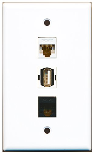 RiteAV - 1 Port USB A-A and 1 Port Cat6 Ethernet White and 1 Port Cat6 Ethernet Black Wall Plate