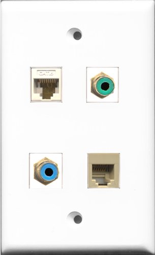 RiteAV 1 Port RCA Green and 1 Port RCA Blue and 1 Port Phone RJ11 RJ12 Beige and 1 Port Cat6 Ethernet White Wall Plate