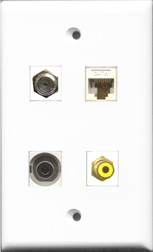 RiteAV 1 Port RCA Yellow and 1 Port Coax Cable TV- F-Type and 1 Port 3.5mm and 1 Port Cat6 Ethernet White Wall Plate