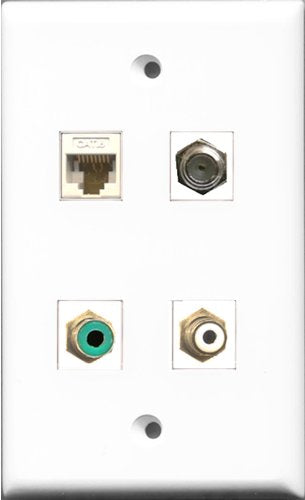 RiteAV 1 Port RCA White and 1 Port RCA Green and 1 Port Coax Cable TV- F-Type and 1 Port Cat6 Ethernet White Wall Plate