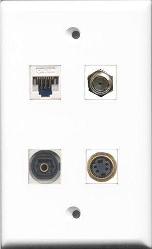RiteAV - 1 Port Coax Cable TV- F-Type and 1 Port S-Video and 1 Port Toslink and 1 Port Cat5e Ethernet White Wall Plate