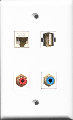 RiteAV 1 Port RCA Red and 1 Port RCA Blue and 1 Port USB A-A and 1 Port Cat6 Ethernet White Wall Plate