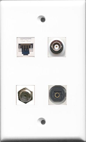 RiteAV - 1 Port Coax Cable TV- F-Type and 1 Port Toslink and 1 Port BNC and 1 Port Cat5e Ethernet White Wall Plate
