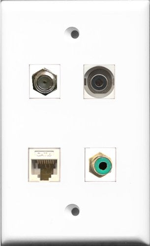 RiteAV 1 Port RCA Green and 1 Port Coax Cable TV- F-Type and 1 Port 3.5mm and 1 Port Cat6 Ethernet White Wall Plate