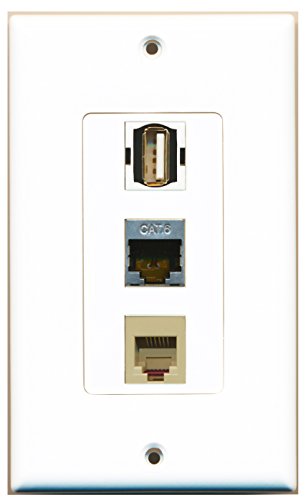 RiteAV - 1 Port USB A-A and 1 Port Phone RJ11 RJ12 Beige and 1 Port Shielded Cat6 Ethernet Decorative Wall Plate Decorative