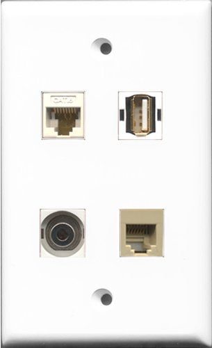 RiteAV 1 Port USB A-A and 1 Port Phone RJ11 RJ12 Beige and 1 Port 3.5mm and 1 Port Cat6 Ethernet White Wall Plate