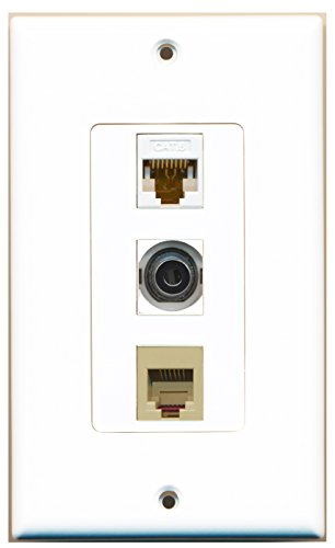 RiteAV - 1 Port Phone RJ11 RJ12 Beige and 1 Port 3.5mm and 1 Port Cat6 Ethernet White Decorative Wall Plate Decorative