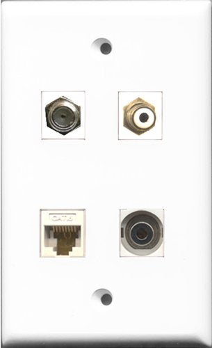 RiteAV 1 Port RCA White and 1 Port Coax Cable TV- F-Type and 1 Port 3.5mm and 1 Port Cat6 Ethernet White Wall Plate