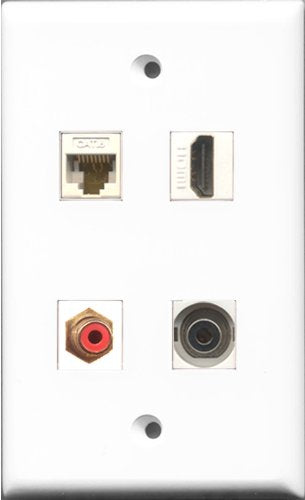 RiteAV 1 Port HDMI and 1 Port RCA Red and 1 Port 3.5mm and 1 Port Cat6 Ethernet White Wall Plate