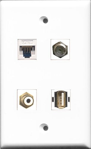 RiteAV - 1 Port RCA White and 1 Port Coax Cable TV- F-Type and 1 Port USB A-A and 1 Port Cat5e Ethernet White Wall Plate