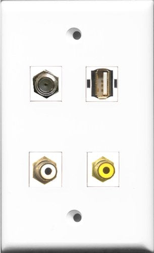 RiteAV 1 Port RCA White and 1 Port RCA Yellow and 1 Port Coax Cable TV- F-Type and 1 Port USB A-A Wall Plate
