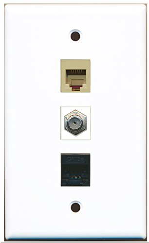 RiteAV - 1 Port Coax Cable TV- F-Type and 1 Port Phone RJ11 RJ12 Beige and 1 Port Cat5e Ethernet Black Wall Plate