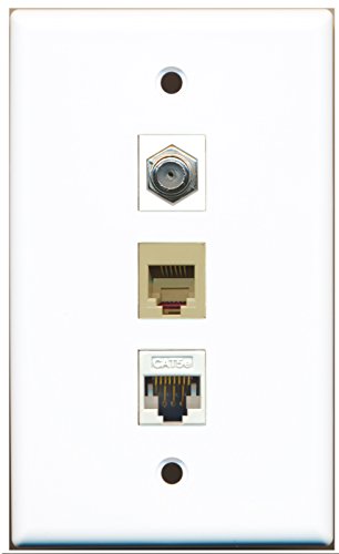 RiteAV - 1 Port Coax Cable TV- F-Type and 1 Port Phone RJ11 RJ12 Beige and 1 Port Cat5e Ethernet White Wall Plate