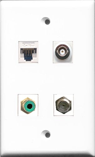 RiteAV - 1 Port RCA Green and 1 Port Coax Cable TV- F-Type and 1 Port BNC and 1 Port Cat5e Ethernet White Wall Plate