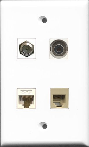 RiteAV 1 Port Coax Cable TV- F-Type and 1 Port Phone RJ11 RJ12 Beige and 1 Port 3.5mm and 1 Port Cat6 Ethernet White Wall Plate