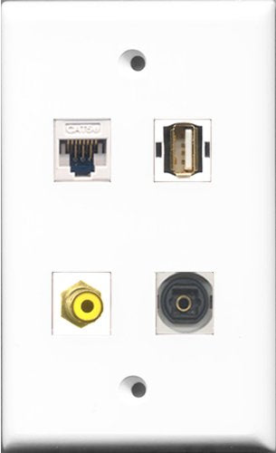 RiteAV 1 Port RCA Yellow and 1 Port USB A-A and 1 Port Toslink and 1 Port Cat5e Ethernet White Wall Plate
