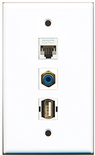 RiteAV - 1 Port RCA Blue and 1 Port USB A-A and 1 Port Cat5e Ethernet White Wall Plate